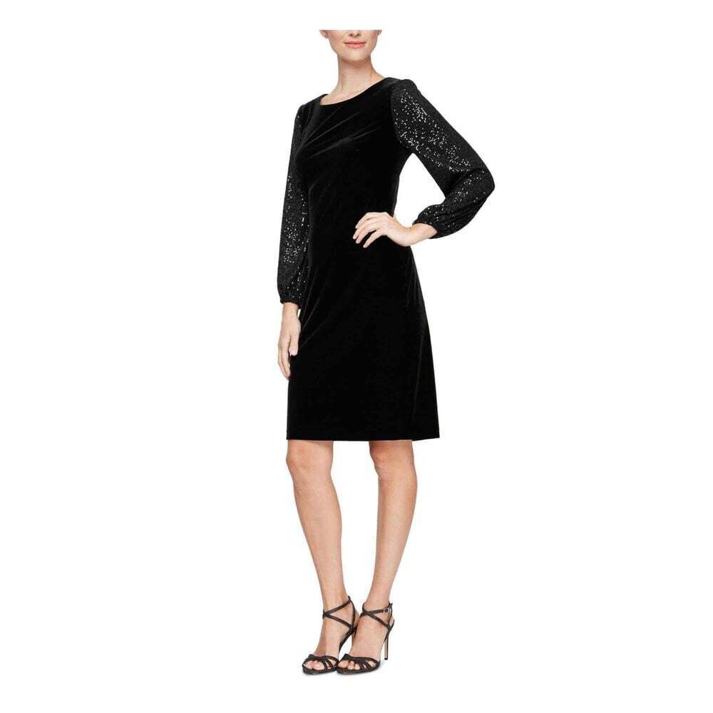 NWT Alex Evenings Women Black Sequined Velvet Sheath Dress Size 8